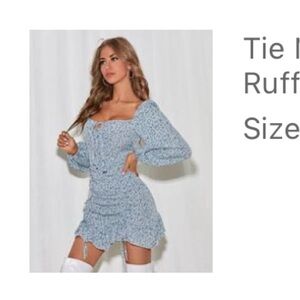 Tie Neck Drawstring Knot Ruffle Hem Ditsy Floral Dress